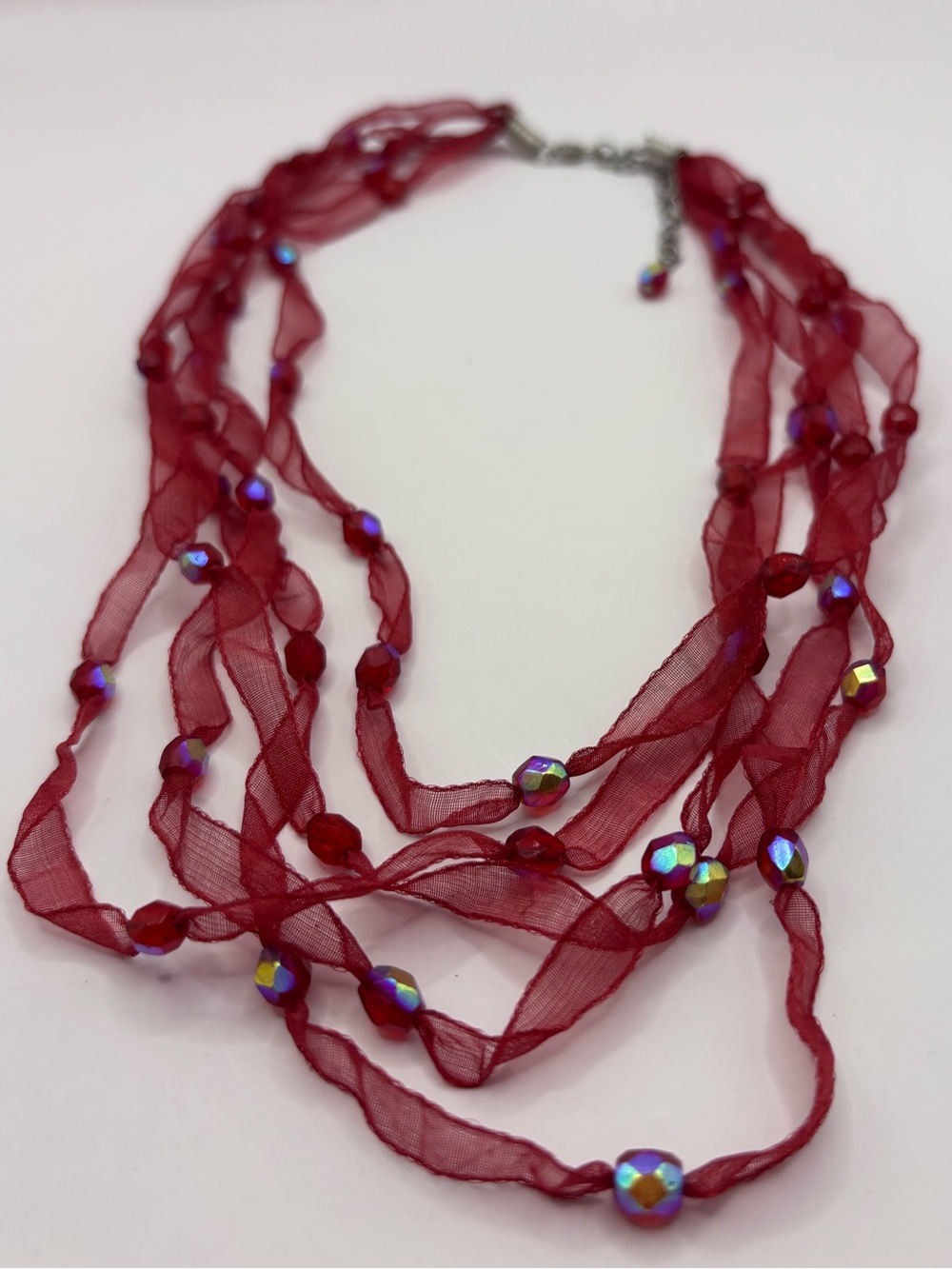 NEW Red Multi-Strand Beaded Ribbon Necklace Two’s Company